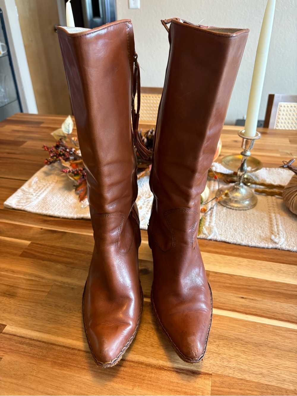 Frye Women's Cognac Tall Leather Heeled Boots Vintage 70’s size 8